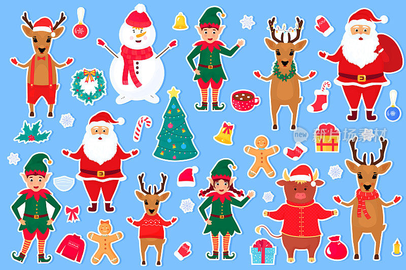 Traditional Christmas and New Year's cartoon characters and objects for creating invitations, cards, posters for celebration. Big set of stickers